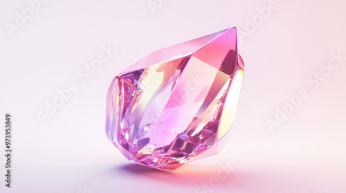 A crystal vivid abstract geometric shape with iridescent pink and purple colors. On a white background. Concept of modern digital art and creativity