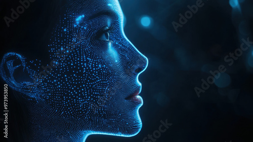 Futuristic woman face composed of blue glowing data points on a dark background. Concept of science, technology and nature