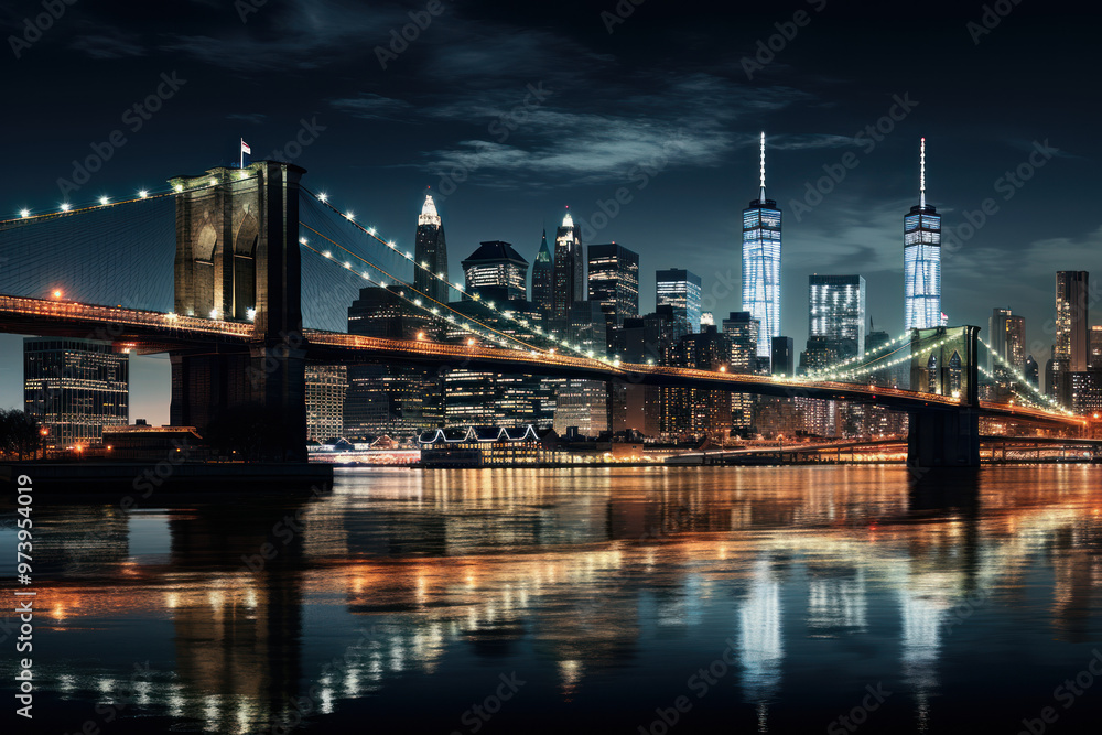Fototapeta premium Night view of a city bridge reflecting in the river with a skyline of New York City and lights illuminating the scene