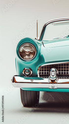 car vintage retro classic teal headlight chrome automobile wheel shiny antique stylish fender elegant transportation vehicle oldtimer front view car design classic car  photo