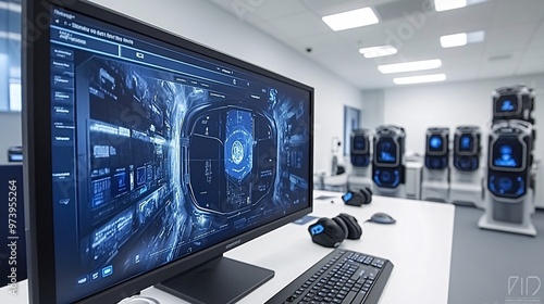 Wallpaper Mural A standing desk setup with a desktop computer showing an interactive virtual history class Wireless devices and smart gadgets are organized in the background showcasing the integration of tech and Torontodigital.ca