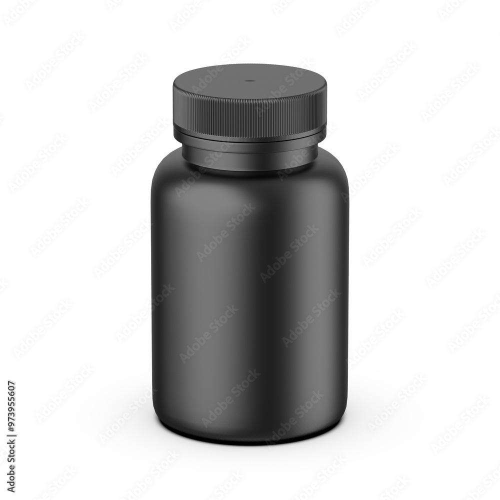 Black dietary supplement PET packaging bottle mockup on white background, 3d illustration. Black dietary supplement PET packaging bottle mockup on white background, 3d illustration.
