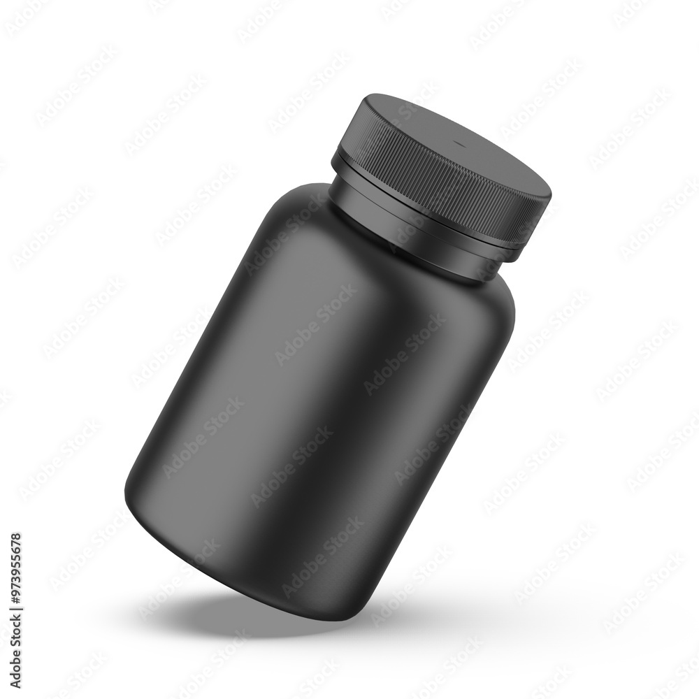 Black dietary supplement PET packaging bottle mockup on white background, 3d illustration. Black dietary supplement PET packaging bottle mockup on white background, 3d illustration.
