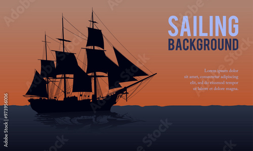 Illustration of a sailing ship silhouette on the sea horizon. Suitable for background designs of ocean voyages and adventures.