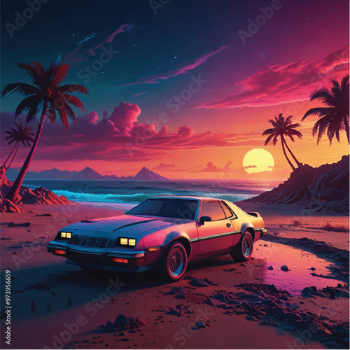 Retro wave background illustration in 80’s sci-fi style, car on a beach, 3d render, vector, illustration