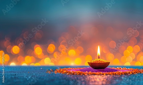 . Colorful traditional oil lamp diya .colored sand, oil lamp with fire on colored background. Happy Diwali - Clay Diya lamps lit during Diwali, Hindu festival of lights celebration. Cope space