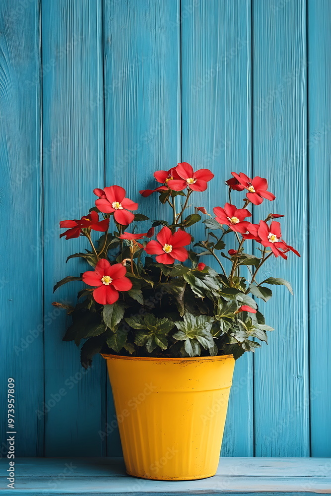 Red flower tree in a yellow pot on a wooden floor in front of a bright blue wall gives a feeling of freshness and liveliness. It is suitable for creating an inviting atmosphere in advertising. Red flower tree in a yellow pot on a wooden floor in front of a bright blue wall gives a feeling of freshness and liveliness. It is suitable for creating an inviting atmosphere in advertising.