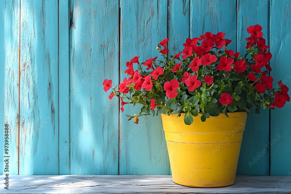 Red flower tree in a yellow pot on a wooden floor in front of a bright blue wall gives a feeling of freshness and liveliness. It is suitable for creating an inviting atmosphere in advertising. Red flower tree in a yellow pot on a wooden floor in front of a bright blue wall gives a feeling of freshness and liveliness. It is suitable for creating an inviting atmosphere in advertising.