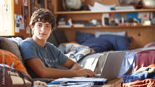 A high school student is seated in a cozy corner of their living room, with a simple desk set up using a laptop and notebooks. The background shows a cluttered but warm and familiar family space,