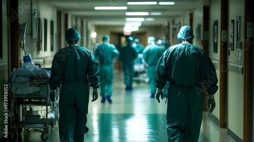 Medical professionals in scrubs walking through a hospital corridor, exemplifying healthcare teamwork and dedication.