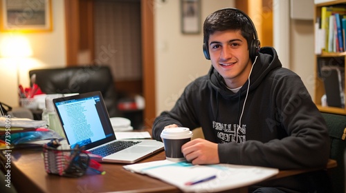 A college student in a shared apartment transforms a dining table into a study space, with a laptop, coffee, and headphones on hand. The environment feels lived-in, with books and notebooks scattered photo