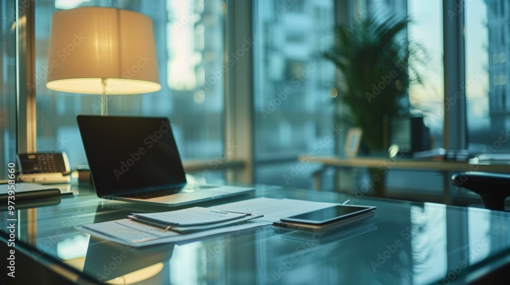 Urban Office Nightshift: A sleek laptop sits open on a glass desk, bathed in the warm glow of a desk lamp, reflecting the city lights of the nighttime skyline. Urban Office Nightshift: A sleek laptop sits open on a glass desk, bathed in the warm glow of a desk lamp, reflecting the city lights of the nighttime skyline.