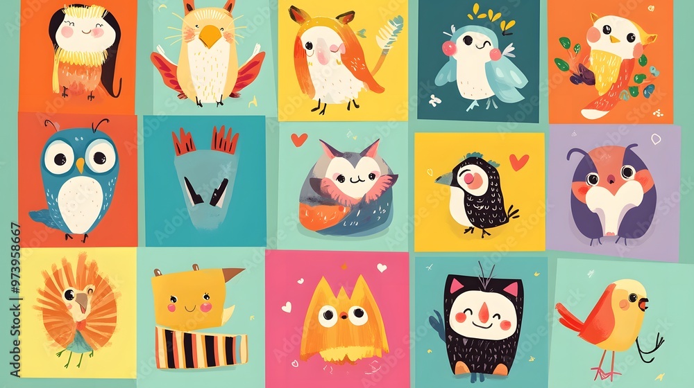 Colorful Cartoon Birds and Animals on a Grid Colorful Cartoon Birds and Animals on a Grid