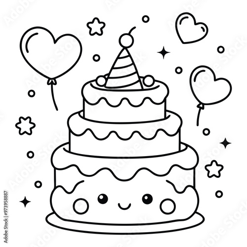 A sweet line drawing of a tiered cake with cherries, frosting, balloons, and hearts all around it.