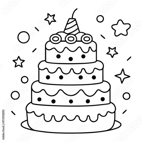 A sweet line drawing of a tiered cake with cherries, frosting, balloons, and hearts all around it.