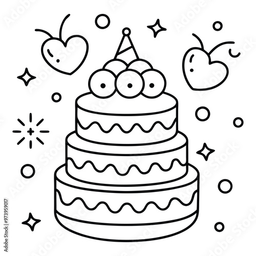 A sweet line drawing of a tiered cake with cherries, frosting, balloons, and hearts all around it.