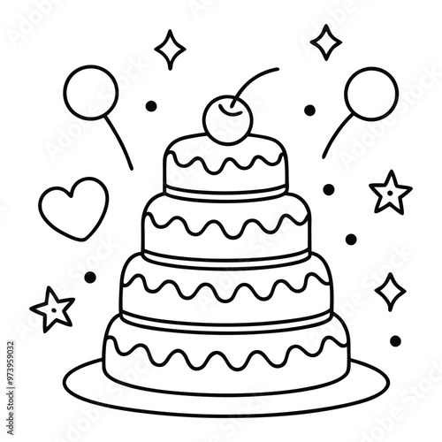 A sweet line drawing of a tiered cake with cherries, frosting, balloons, and hearts all around it.