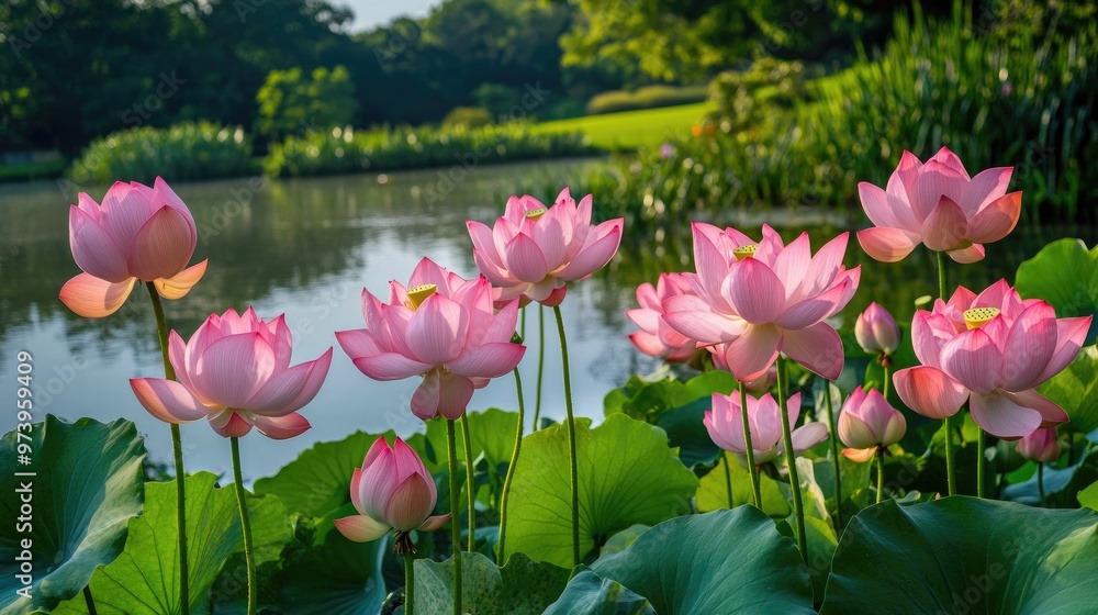 A serene image of pink lotus flowers blooming in a lush green garden, with a tranquil pond in the background. A serene image of pink lotus flowers blooming in a lush green garden, with a tranquil pond in the background.
