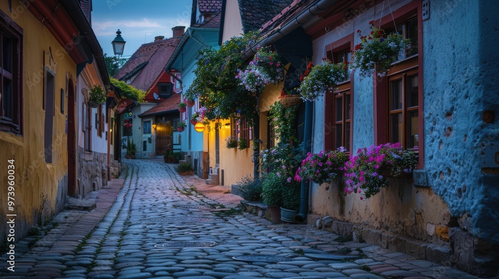 Fototapeta premium Cobblestone Charm: A quaint European street at dusk, bathed in the warm glow of lanterns and adorned with colorful facades and flower boxes. 