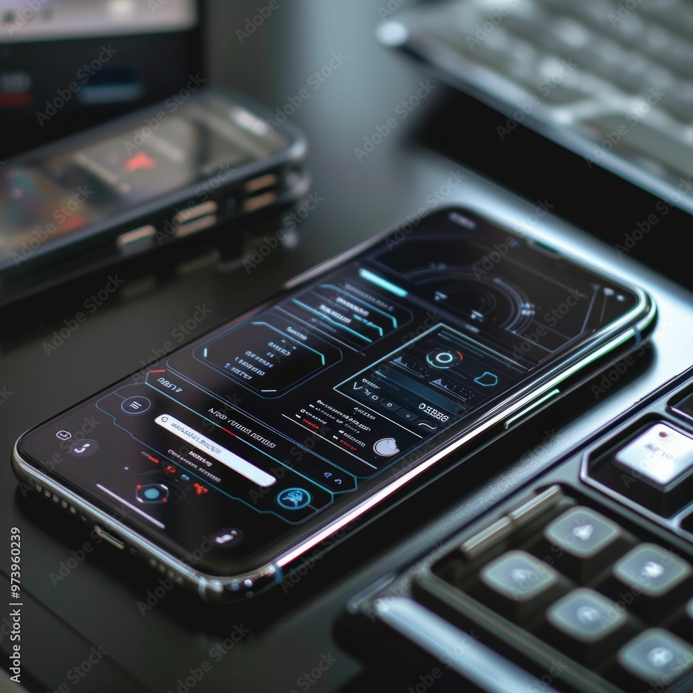 Tech Evolution: A sleek, futuristic smartphone with a glowing interface sits amidst a collection of vintage tech, showcasing the rapid advancement of technology. Tech Evolution: A sleek, futuristic smartphone with a glowing interface sits amidst a collection of vintage tech, showcasing the rapid advancement of technology.