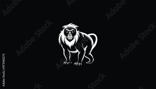 Howler Monkey Hanging from Tree – White Outline, Black Background