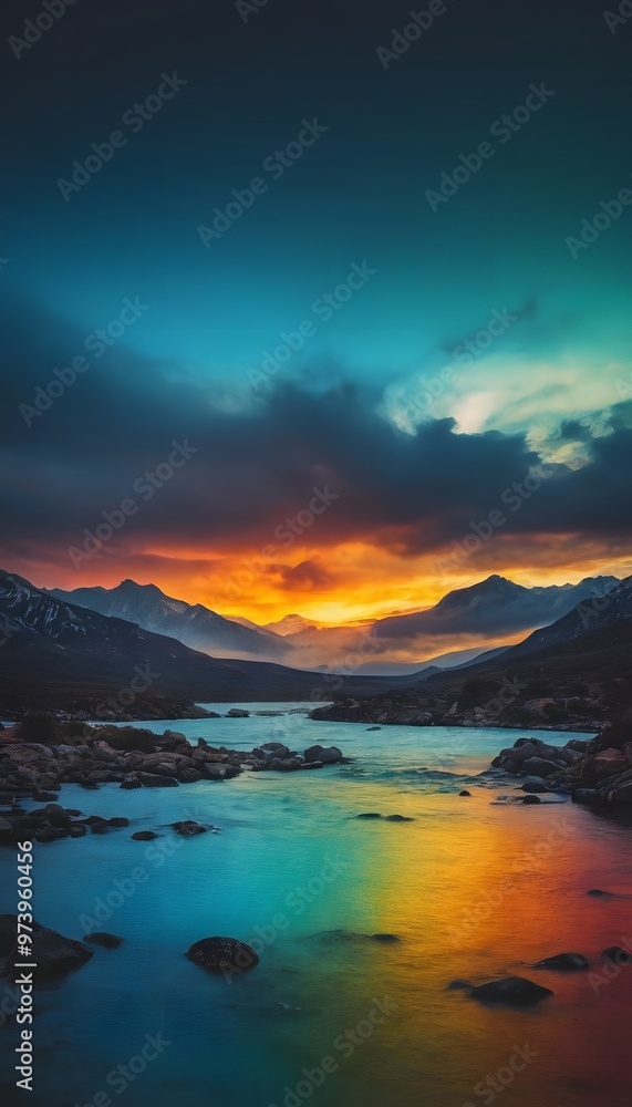 Fototapeta premium Colorful Poster Featuring a River and Mountains