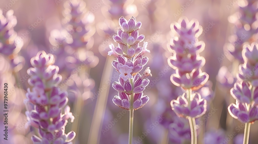 Obraz premium Lavender Dawn: Soft sunlight bathes a field of vibrant lavender blossoms, creating a serene and aromatic scene of tranquility and beauty.