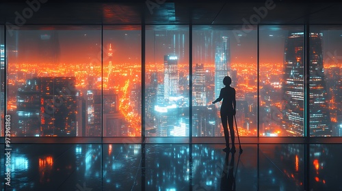 A person meticulously cleaning a giant glass window in a futuristic apartment, neon city lights outside creating a striking contrast with the sleek interior