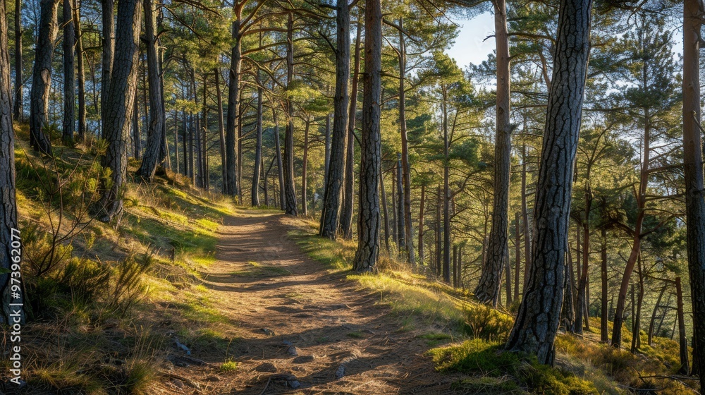 Serene Forest Path: A winding dirt path leads through a sun-dappled pine forest, inviting you to explore the tranquility of nature. The warm light filters through the tall trees, creating a sense. Serene Forest Path: A winding dirt path leads through a sun-dappled pine forest, inviting you to explore the tranquility of nature. The warm light filters through the tall trees, creating a sense.