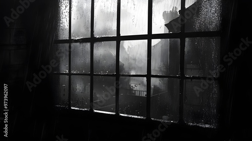 A rainy day scene viewed through a freshly cleaned window, with water droplets blurring a gloomy landscape outside, digital painting, monochromatic palette, dramatic lighting