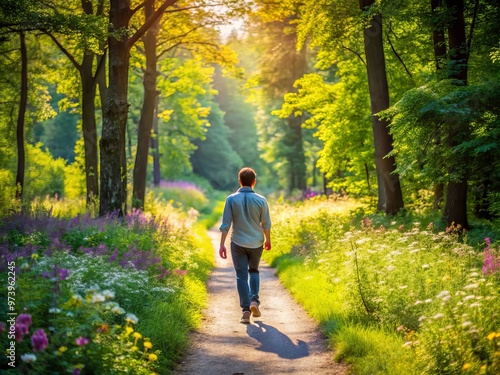 A solitary figure in casual attire walks alone on a winding dirt path surrounded by lush green trees photo