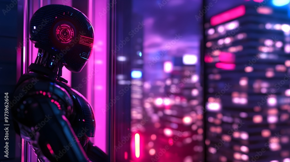 A robotic servant cleaning a window with a view of futuristic cityscape, glass reflecting towering buildings, neon lights, and hovering vehicles, hyper-realistic, AI-powered tech A robotic servant cleaning a window with a view of futuristic cityscape, glass reflecting towering buildings, neon lights, and hovering vehicles, hyper-realistic, AI-powered tech