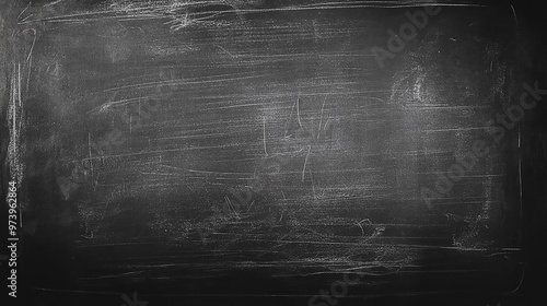 A detailed monochrome photography of a blackboard covered with chalk writings,