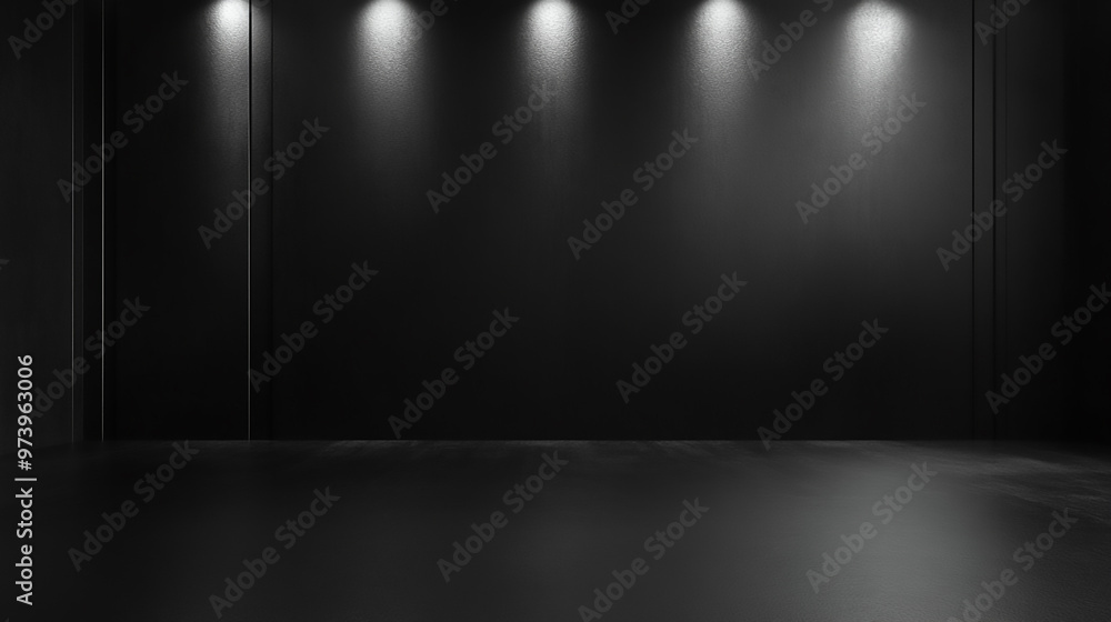Dark empty studio room with three spotlights illuminating a minimalist black background Dark empty studio room with three spotlights illuminating a minimalist black background