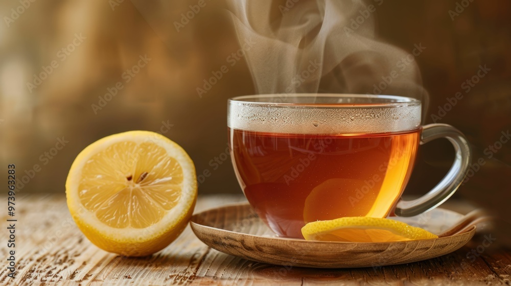 Steaming Citrus Serenity: A steaming cup of lemon tea invites relaxation on a rustic wooden table, embodying warmth and tranquility. Steaming Citrus Serenity: A steaming cup of lemon tea invites relaxation on a rustic wooden table, embodying warmth and tranquility.