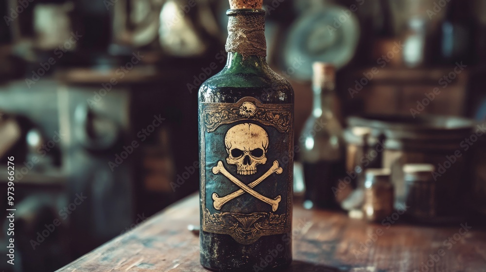 Fototapeta premium A vintage pirate bottle, with a skull and crossbones label, sitting on a wooden table.