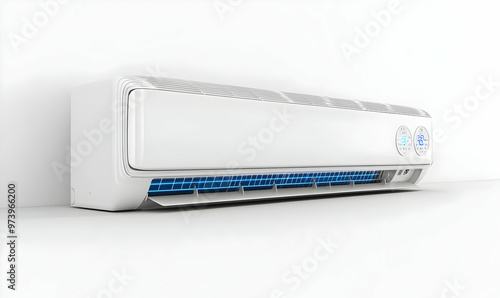 Front view of a white modern air conditioner, isolated on white