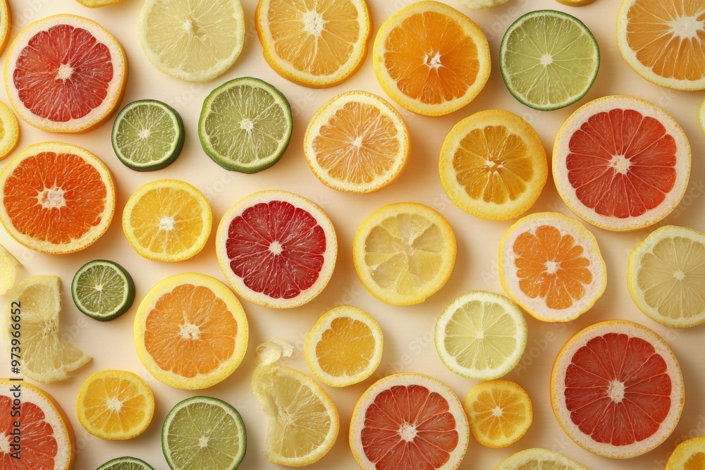 Citrus Fruits Sliced and Arranged on Beige Background Citrus Fruits Sliced and Arranged on Beige Background