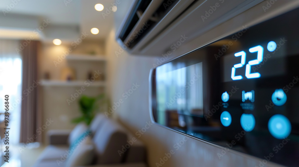 Close-up of a digital display panel on an air conditioner, showing the current temperature settings in a living room with a small family Close-up of a digital display panel on an air conditioner, showing the current temperature settings in a living room with a small family