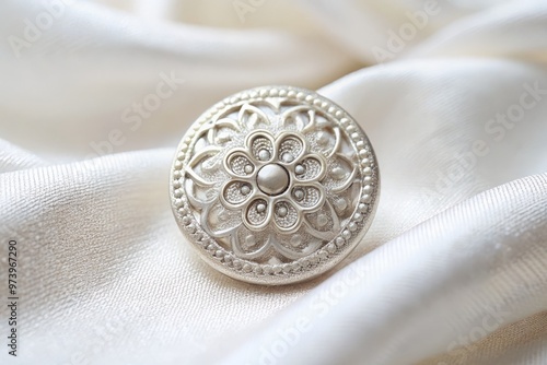 A solitary, shimmering silver button lies on a soft, creamy white background, casting a subtle shadow and highlighting photo