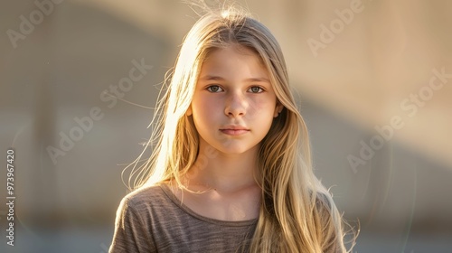 Golden Hour Gaze: A young girl with flowing blonde hair and piercing blue eyes stares intently at the camera, bathed in the warm glow of the setting sun.