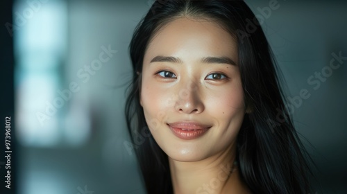 Confident Smile: A young woman with long black hair and flawless skin looks directly at the camera with a radiant smile, radiating confidence and positivity. 