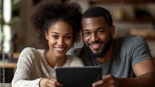 A confident young couple in their 30s, smiling as they look at their financial portfolio on a tablet, symbolizing financial control and independence.