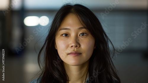 Confident Gaze: Young woman looking directly at the camera with a determined and confident expression. Her dark hair frames her face, and the soft lighting creates a sense of intimacy.