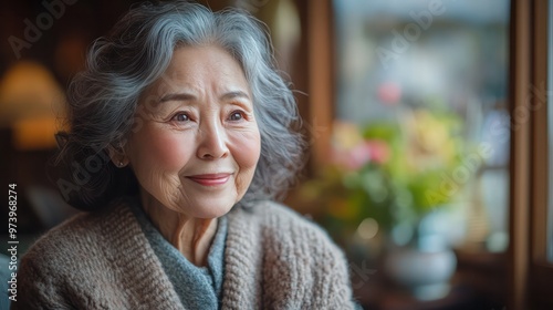 A close-up shot of an elderly Asian woman, 60-75 years old, sitting in a simple, cozy home environment.