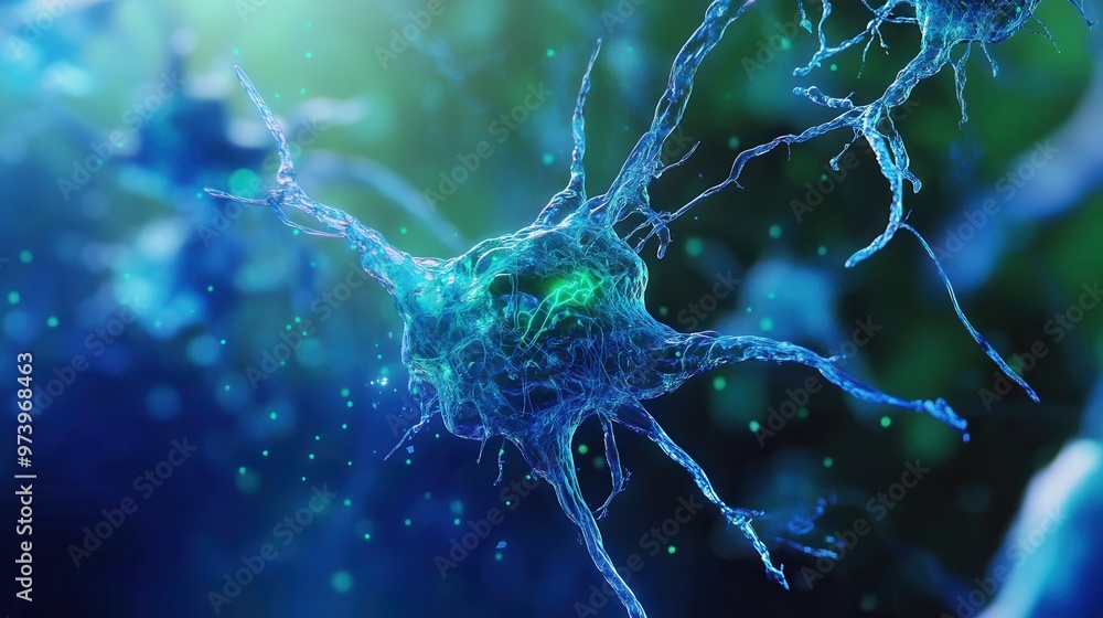 Stunning close-up of a neuron highlighting its intricate structure and biological functions, ideal for scientific and educational use. Stunning close-up of a neuron highlighting its intricate structure and biological functions, ideal for scientific and educational use.