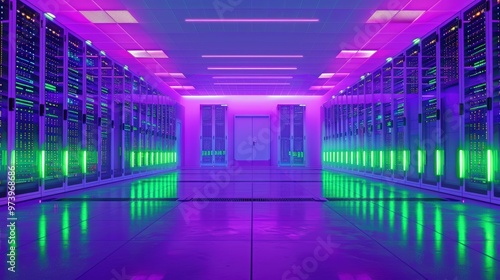 Neon Data Center: A futuristic and vibrant data center, illuminated with neon green and purple lights, showcasing rows of powerful.