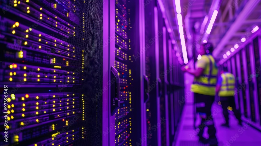 Data Center Security: A technician inspects rows of servers in a data center, illuminated by a soft purple glow, highlighting the importance of cybersecurity and data management. Data Center Security: A technician inspects rows of servers in a data center, illuminated by a soft purple glow, highlighting the importance of cybersecurity and data management.