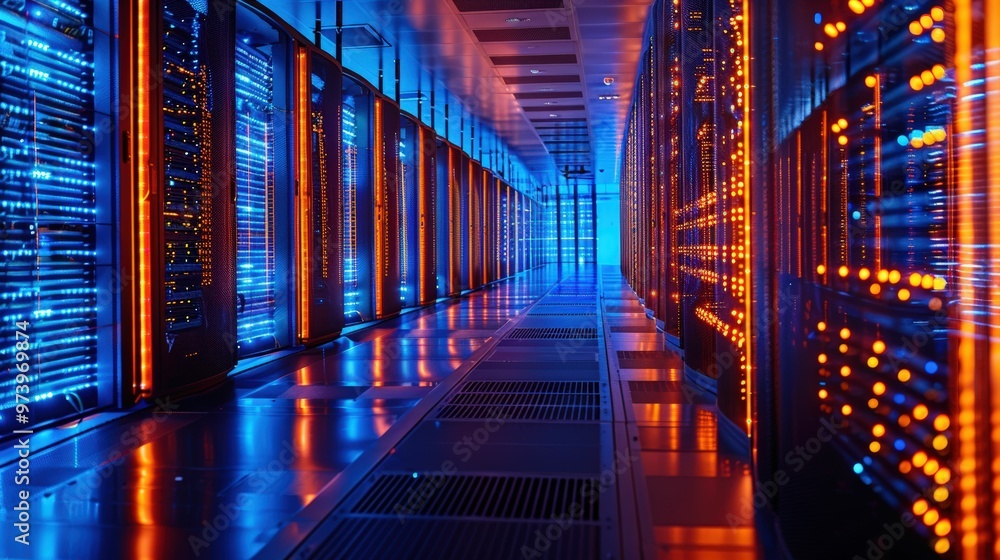 Data Center Glow: A symphony of vibrant blue and orange hues illuminate a modern data center, its rows of servers humming with digital activity. Data Center Glow: A symphony of vibrant blue and orange hues illuminate a modern data center, its rows of servers humming with digital activity.