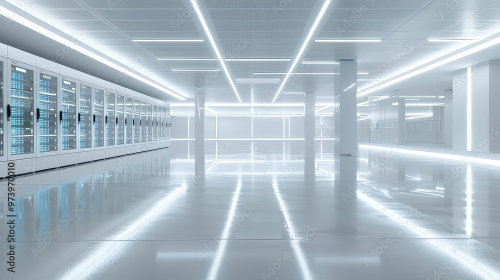 Futuristic Server Room: A sterile, minimalist server room with rows of white cabinets and a sleek, futuristic design, illuminated by bright, white LED lights, reflecting off the shiny floor Futuristic Server Room: A sterile, minimalist server room with rows of white cabinets and a sleek, futuristic design, illuminated by bright, white LED lights, reflecting off the shiny floor
